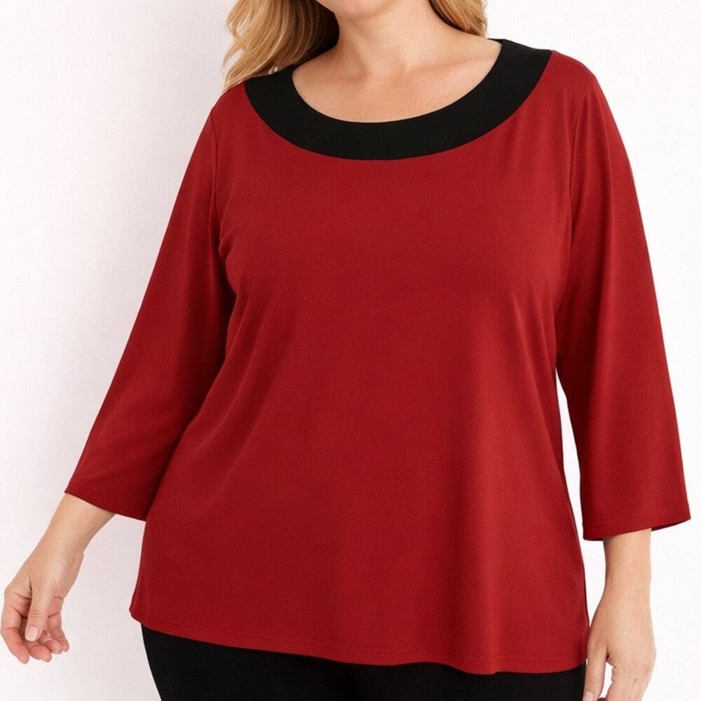 Susan Graver 1X Top Red Black Banded Boatneck 3/4 Sleeve Slinky Knit Pullover